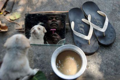 Un mendigo y su perro reflejados en un espejo mientras aquel se afeita en una calle en Chennai, India.