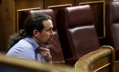 El líder de Podemos, Pablo Iglesias, en el Congreso de los Diputados de Madrid. 
 