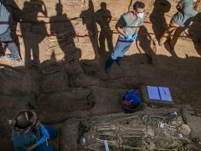 Personal técnico trabaja en la exhumación de la fosa común de Pico Reja, en Sevilla,  el pasado julio.