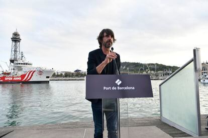 The actor Santi Millán intervenes during the presentation of the ship 'Open Arms Uno' in Barcelona on June 8