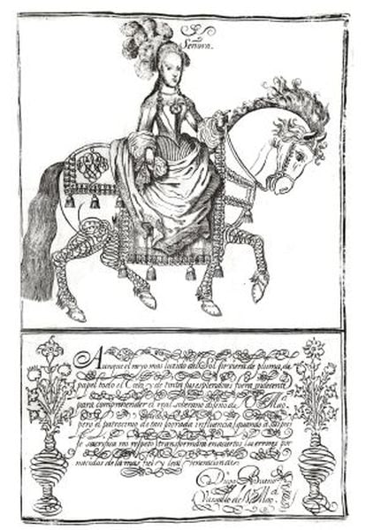 'La señora del caballo', decorada con caligrafías de Gaspar Tomás Martínez en 1700.