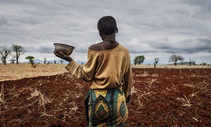 Una mujer, frente a un campo de cultivo, en Tanzania. 