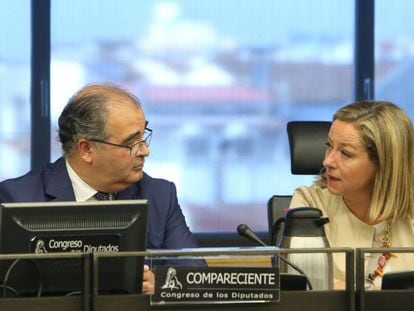 El expresidente del Banco Popular Ángel Ron y la diputada de Coalición Canaria, Ana Oramas, en la Comisión de Investigación del Congreso.