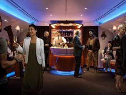 Sala vip, para bebidas y aperitivos, de Singapore Airlines en sus A380. Est&aacute; situada en la parte superior del avi&oacute;n.