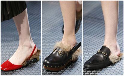 Tres de los modelos de zapatos forrados con piel de la colección otoño/invierno 2015/2015 de Gucci.