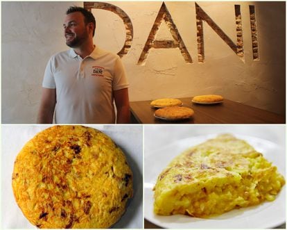Dani hijo, en Casa Dani (arriba). Tortilla de patata de Casa Dani (abajo izquierda) y uno de sus pinchos de tortilla con cebolla (abajo derecha).