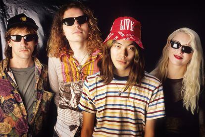 Billy Corgan, James Iha, Jimmy Chamberlin y D’arcy Wretzky fotografiados en 1992.