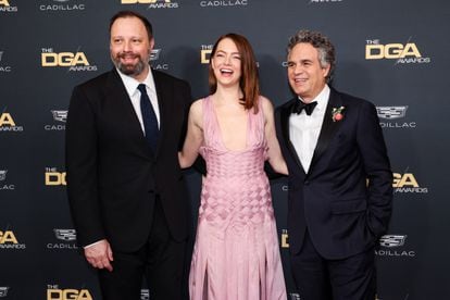 Yorgos Lanthimos, Emma Stone and Mark Ruffalo upon arrival at the 76th Directors Guild of America Awards held at the Beverly Hilton Hotel in Beverly Hills, California on February 10, 2024.