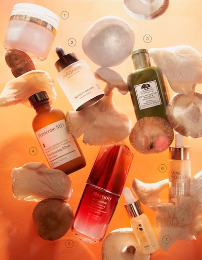 1.Sisleÿa L’Intégral Anti-Âge, de Sisley. Lleva shiitake, que ayuda a reforzar las defensas naturales de la piel. 402 euros. 2. Infinity Drops Immuno-Serum, de Mádara. Combina betaglucanos de setas, probióticos y ácido hialurónico. 85 euros. 3. Mega-Mushroom Skin Relief Soothing Face Lotion, de Origins. Loción facial ligera formulada con hongos cordyceps y reishi, que calman y ayudan a reducir el enrojecimiento y la sensibilidad de la piel. 79 euros. 4. Hypoallergenic CBD Rebalancing Elixir, de Perricone MD. Con complejo de setas antioxidante que promueve un pH
equilibrado, calma y alivia visiblemente la piel, y cannabidiol, que también suaviza, hidrata y revitaliza. 99 euros. 5. Ultimune Power Infusing Concentrate, de Shiseido. Fortalece la piel y la ayuda a defenderse de los daños diarios gracias a los extractos de hongo reishi y raíz de iris, ricos en antioxidantes. 144 euros. 6. Total Recovery Serum Livingoldâge, de Anne Möller. Incorpora extracto de shiitake, con propiedades antioxidantes. 59 euros. 7. White Lightening Serum, de iS Clinical. De fácil absorción, contiene extracto de arbutina y hongos que iluminan el cutis. 102 euros.
