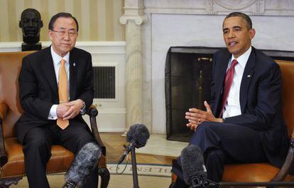 El secretario general de la ONU, Ban Ki-moon, y el presidente de EE UU, Barack Obama, en la Casa Blanca.