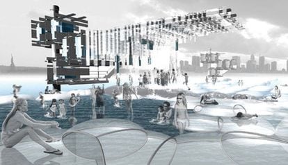 Rychiee Espinosa y Seth McDowell proponen crear espacios urbanos sobre el agua. Aquí, la futura ribera de Manhattan.
