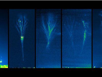 Seqüència d'un 'jet' gegant captat pels investigadors a Colòmbia. Com que les càmeres sensibles utilitzades són monocromàtiques, el programari acoloreix les imatges només per la seva intensitat, i apareixen tons blavosos i verds (encara que per sobre de 35-40 km aquests 'jets' són vermellosos en la realitat).