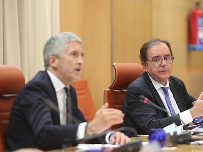 El ministro del Interior, Fernando Grande-Marlaska, durante la presentación del informe sobre delitos de seguridad vial y su incidencia en el ámbito penitenciario. A su derecha, Ángel Luis Ortiz, secretario general de Instituciones Penitenciarias.