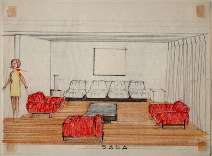 Un diseño de la cubana Clara Porset del interior de un salón, está hecho en México y es del año 1960.