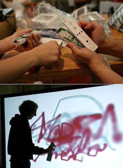 Arriba, manipulación de  Wii motes. Abajo, <i>graffiti</i> virtual de Martin Lihs.