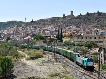 Un tren de mercancías a su paso por Ascó.