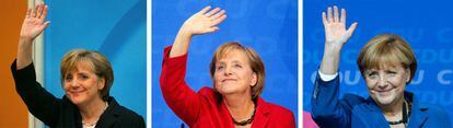 Combo de fotograf&iacute;as que muestar a la l&iacute;der del CDU, Angela Merkel, saludando a sus simpatizantes tras los primeros sondeos en las elecciones de septiembre de 2005, septiembre de 2009 y hoy 22 de septiembre de 2013.