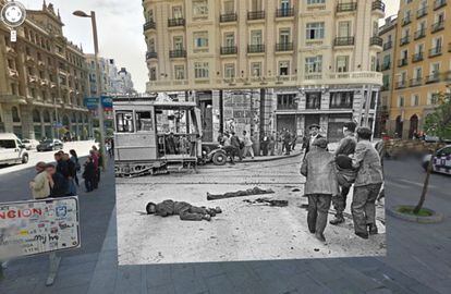 Mortar attack creates havoc on Gran Vía, close to Calle Montera.