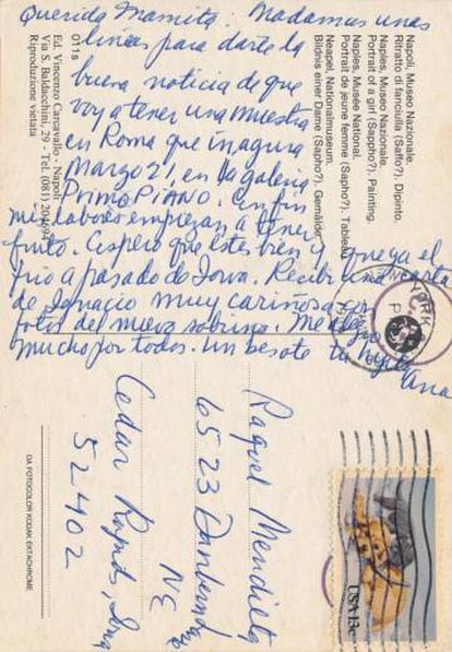 Una de las postales escritas por Ana Mendieta a su madre desde Italia.