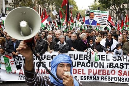 Cabecera de la manifestación prosaharaui que recorrió Madrid el pasado sábado.