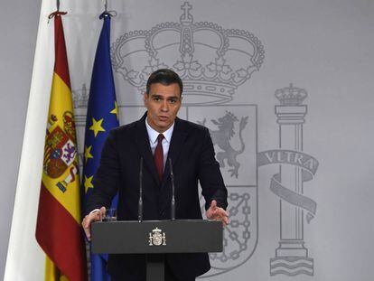 El presidente del Gobierno en funciones, Pedro Sánchez, el jueves durante su declaración institucional tras la exhumación de Franco.