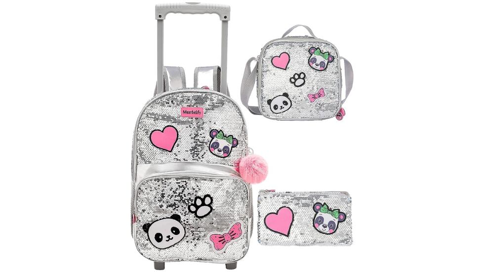 Lote 3 en 1 con mochila escolar de ruedas, diseño de purpurina con parches decorativos de osos panda