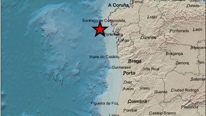 Localización de uno de los tres terremotos registrados este jueves frente a la costa gallega, en un mapa del Instituto Geográfico Nacional.