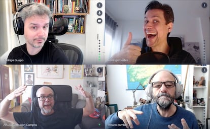 El equipo de 'Aquí hay dragones', durante un episodio grabado desde sus casas durante la pandemia.