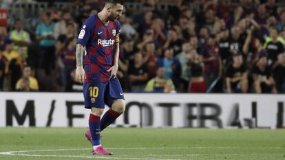 Messi, tras lesionarse en un partido con el Barça en 2019.