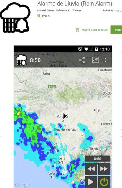 La aplicación meteorológica RainAlarm avisa en tiempo real de precipitaciones que se estén acercando al lugar en el que se encuentra el usuario.