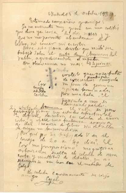 Última carta escrita por Cajal a Rafael Lorente de No el 15 de octubre de 1934, dos días antes de fallecer.