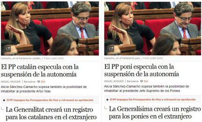 La sección Política de EL PAÍS sin la extensión (izda.) y con la extensión activada.