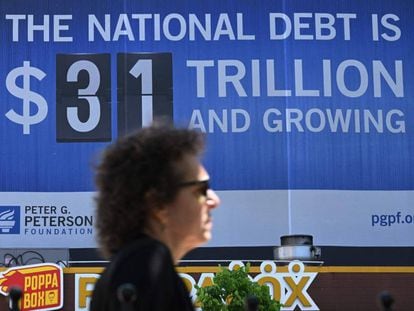 A billboard showing the debt limit is seen in Washington, DC on April 17, 2023. - The US government is expected to run out of money in the summer, defaulting on its debt for the first time in history, if Congress does not authorize additional borrowing. (Photo by Mandel NGAN / AFP)