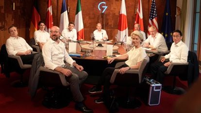 Los líderes del G-7, en una de las reuniones, este domingo.