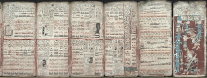 Seis páginas del códice de Dresde, que ilustran temas como eclipses, operaciones matemáticas e inundaciones.