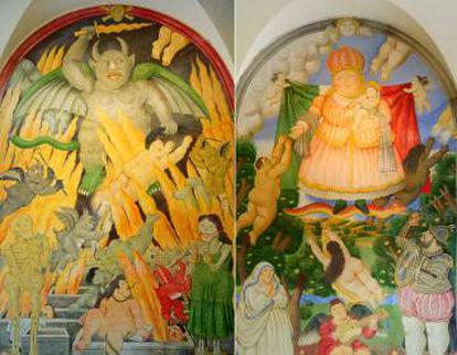 Los frescos 'La puerta del Infierno', izquierda, y 'La puerta del Paraíso', de Botero, en la iglesia de la Misericordia, en Pietrasanta (Italia).