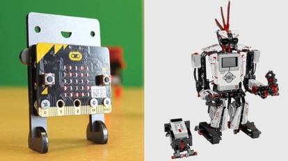 A la izquierda de la imagen, una placa de programación de Micro:bit y, a la derecha, el robot Lego Mindstorms.
