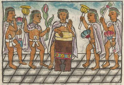 Dancers accompany a musician who plays the huéhuetl, a vertical drum, in Book 9.