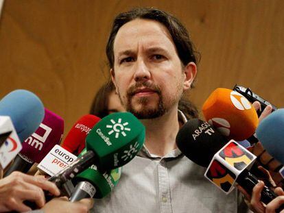El secretario general de Podemos, Pablo Iglesias, al finalizar la reuni&oacute;n del Consejo Ciudadano de Podemos en Madrid, el pasado 13 de enero. 