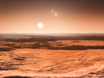 Ilustraci&oacute;n del cielo con tres soles visto desde un planeta del astro Gliese 667C.