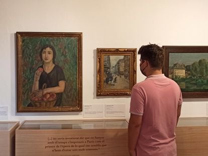 'La nena dels préssecs' (1921) y 'Rue du marché', (1912) de Joaquim Sunyer y, a la derecha, 'Moret-sur-loing', de Lluís Mercadé (1924), tres de las obras reunidas para la exposición.
