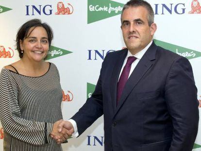 La directora general de banca para particulares de ING, Almudena Román, junto al consejero delegado de El Corte Inglés, Víctor del Pozo.