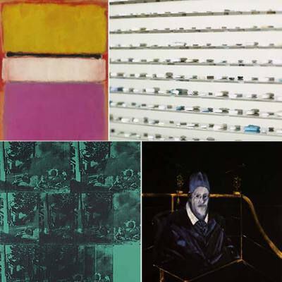 Arriba, <i>Centro blanco</i> (izquierda), de Mark Rothko, y <i>Lullaby Winter</i>, de Damien Hirst. Abajo, <i>Green car crash</i>, de Warhol, y <i>Estudio de Inocencio X, </i><b>de Bacon.</b>