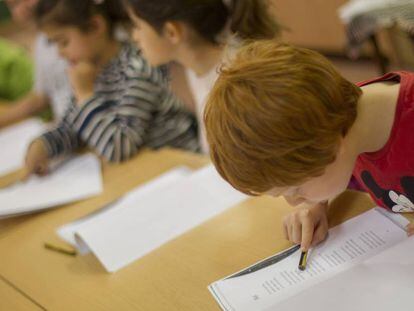 Unos ni&ntilde;os leen un texto en un colegio