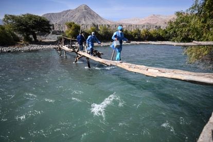 Health workers cross the Camaná River to vaccinate the elderly against COVID-19, in Arequipa, southern Peru.