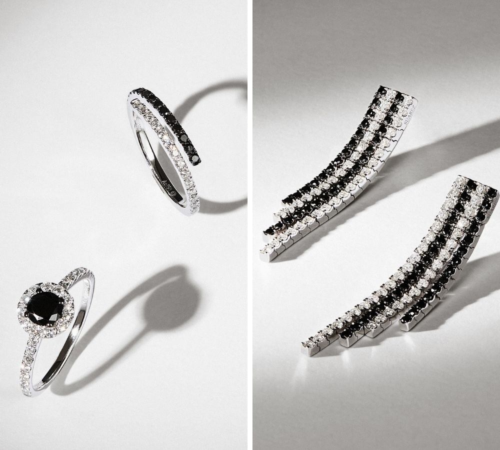 Dos sortijas y unos pendientes de diamantes blancos y negros basados en la obra 'El invierno en Lisboa' de Antonio Muñoz Molina y creadas por la joyería Suárez.