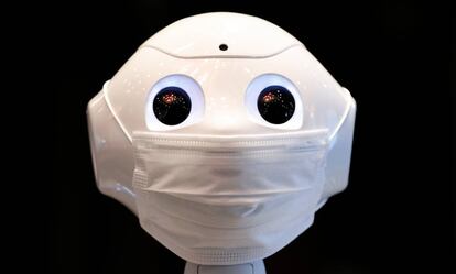 The humanoid robot Pepper in a hotel designated to accommodate coronavirus patients in Tokyo.