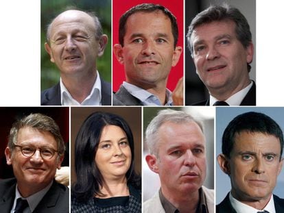 Retrato de los candidatos a las primarias socialistas. El favorito es Manuel Valls, abajo a la derecha