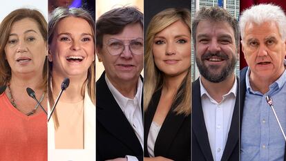 En la imagen, los candidatos a la presidencia de Baleares. Desde la izquierda, Francina Armengol (PSIB), Marga Prohens (PP), Antònia Jover (Unidas Podemos), Patricia Guasp (Cs), Lluís Apesteguia (Més per Mallorca) y Josep Melià (El Pi).