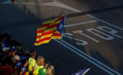Decenas de manifestantes portan banderas durante una concentración en Barcelona.